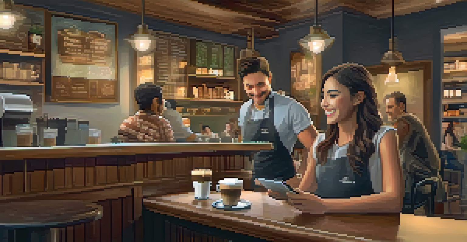 A coffee shop where a barista takes an order using a tablet, with satisfied customers enjoying the friendly atmosphere.
