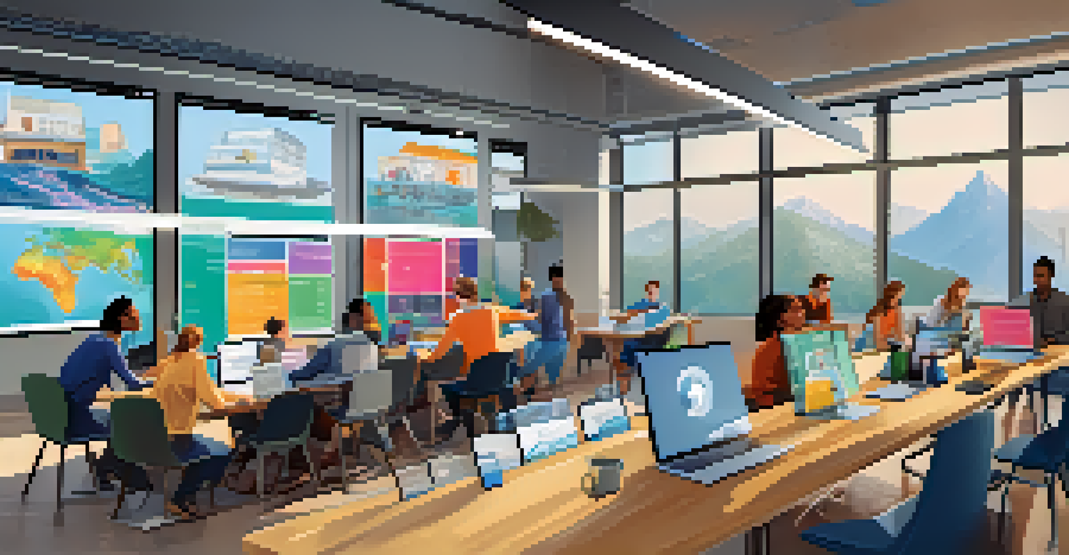 A team collaborating around a table with laptops showing advanced search features of a Digital Asset Management system in a bright, modern room.