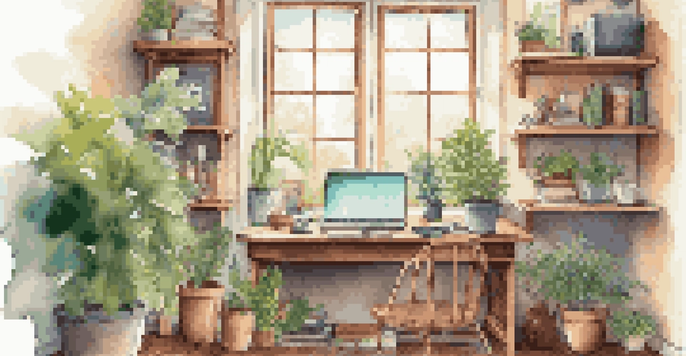 A warm and inviting home office with a wooden desk, an open laptop, a coffee mug, and sticky notes, all bathed in soft natural light.