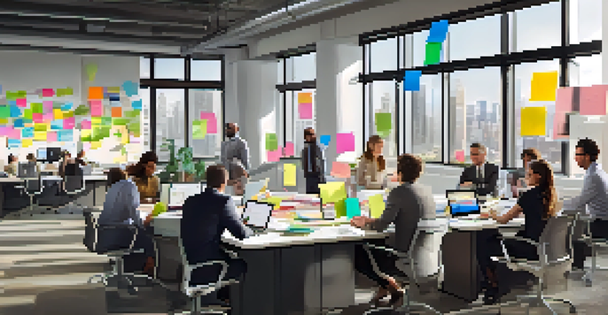 A diverse group of professionals collaborating in a bright, modern office with a city view, surrounded by laptops and notes.