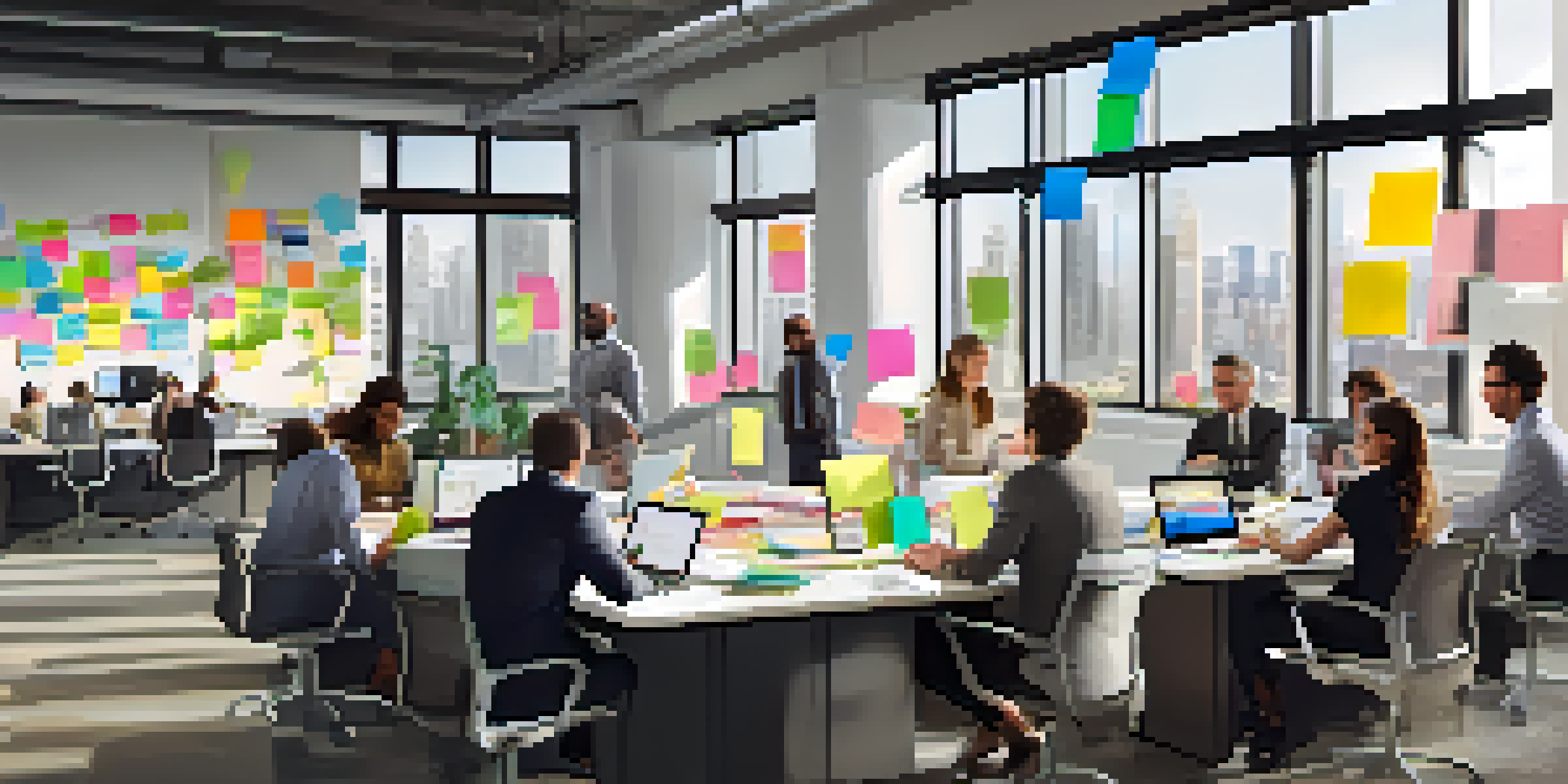 A diverse group of professionals collaborating in a bright, modern office with a city view, surrounded by laptops and notes.
