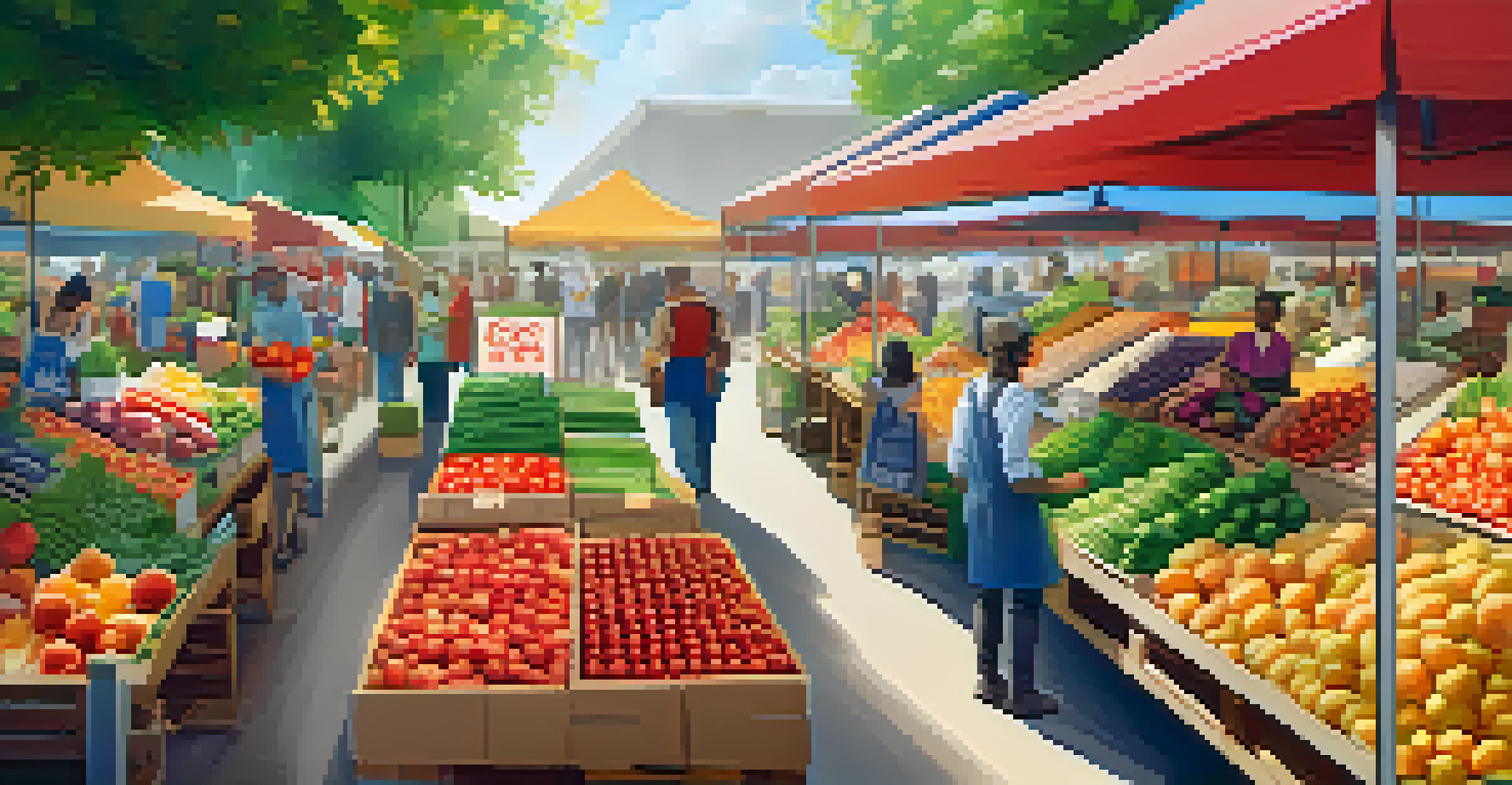A farmer's market scene with fresh produce and a digital overlay indicating blockchain traceability.