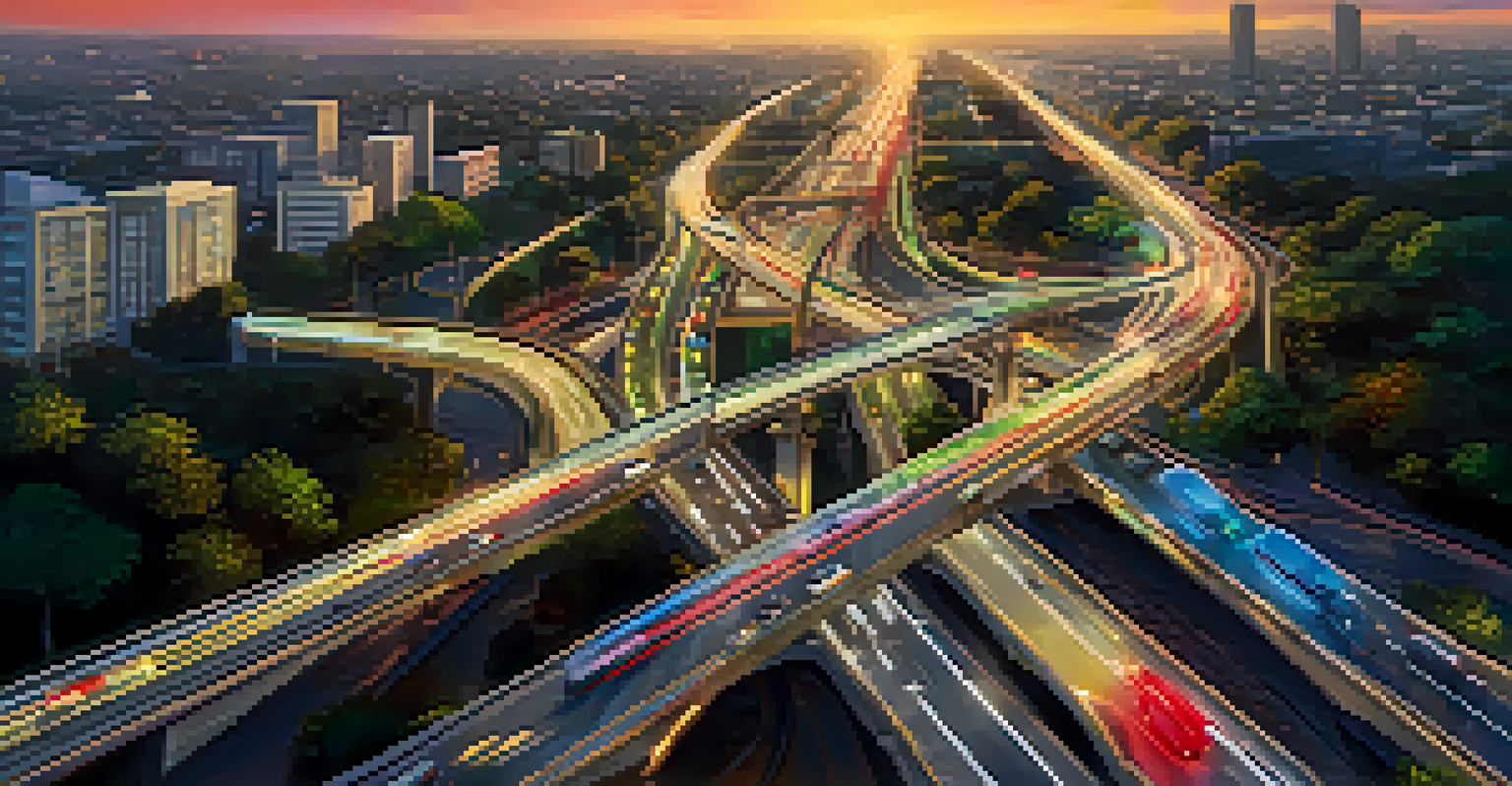 An aerial view of a smart traffic management system with roads, adjusting traffic signals, and a cityscape at sunset.