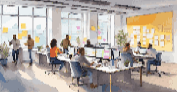A diverse team in an open office space collaborating on software development, with colorful post-it notes and a whiteboard.