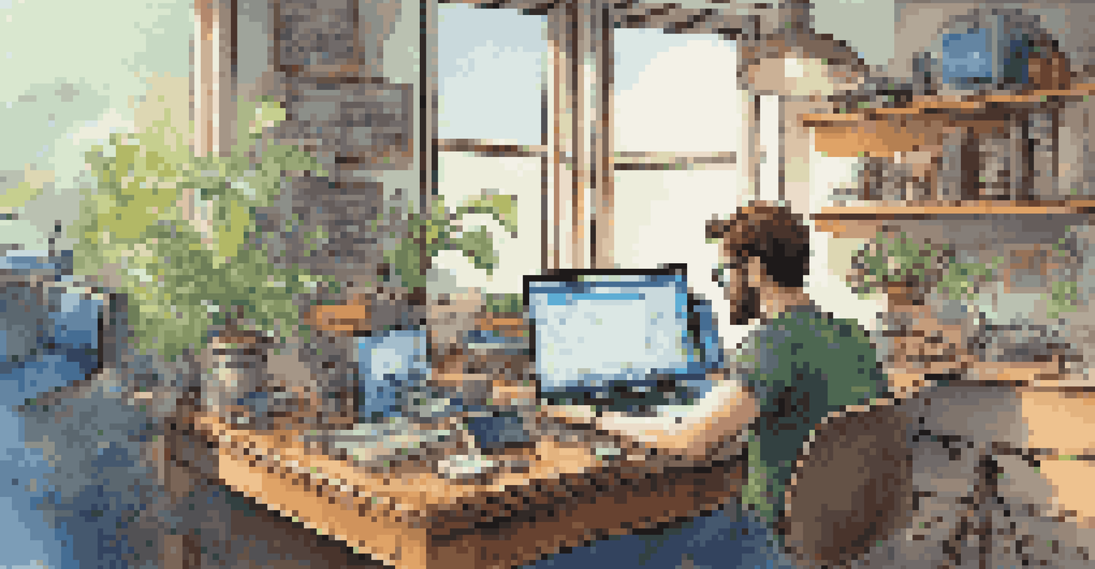 A programmer working on open-source software with code on the screen, surrounded by tech gadgets and natural light.