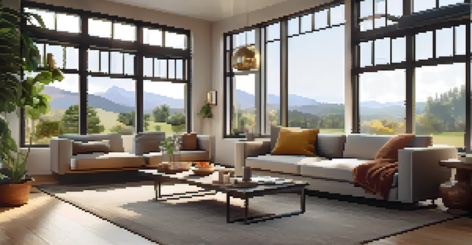 A living room with virtual furniture displayed through augmented reality, featuring a cozy atmosphere and warm lighting.