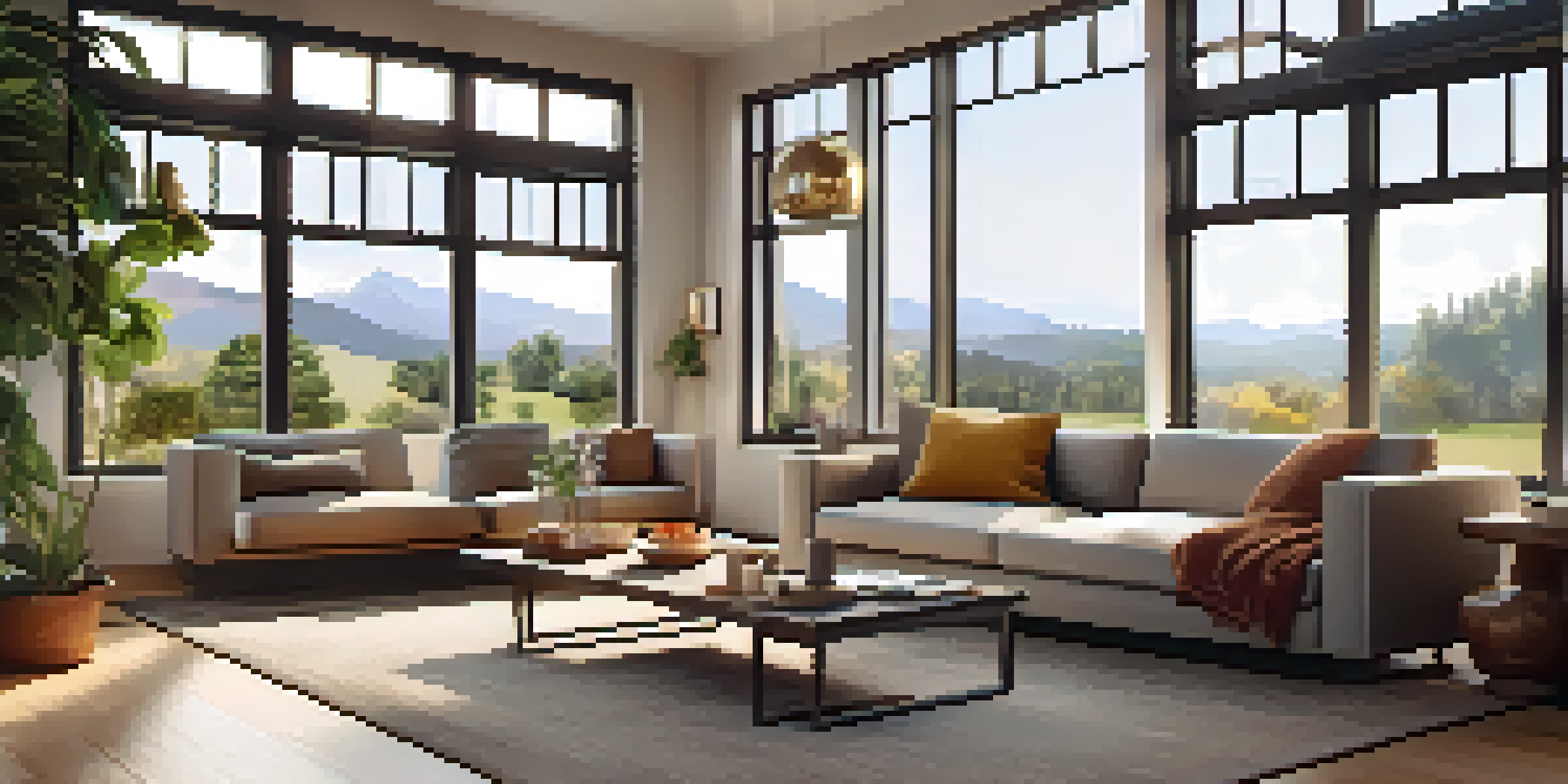 A living room with virtual furniture displayed through augmented reality, featuring a cozy atmosphere and warm lighting.