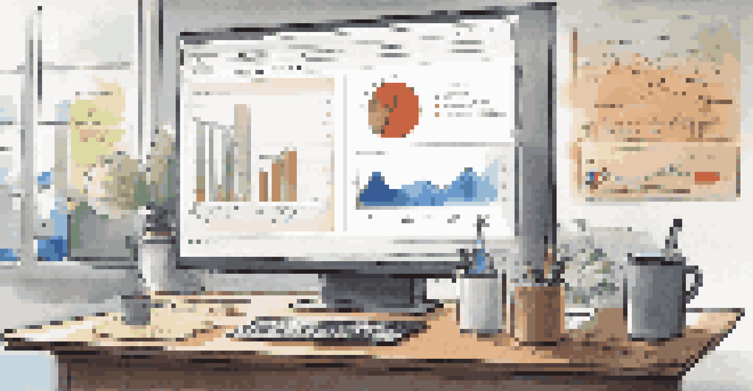 A workspace with a monitor showing A/B test analysis metrics alongside a cup of coffee and a notepad.