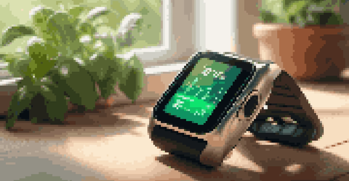 A smartwatch displaying health metrics on a wooden table with green plants in the background.