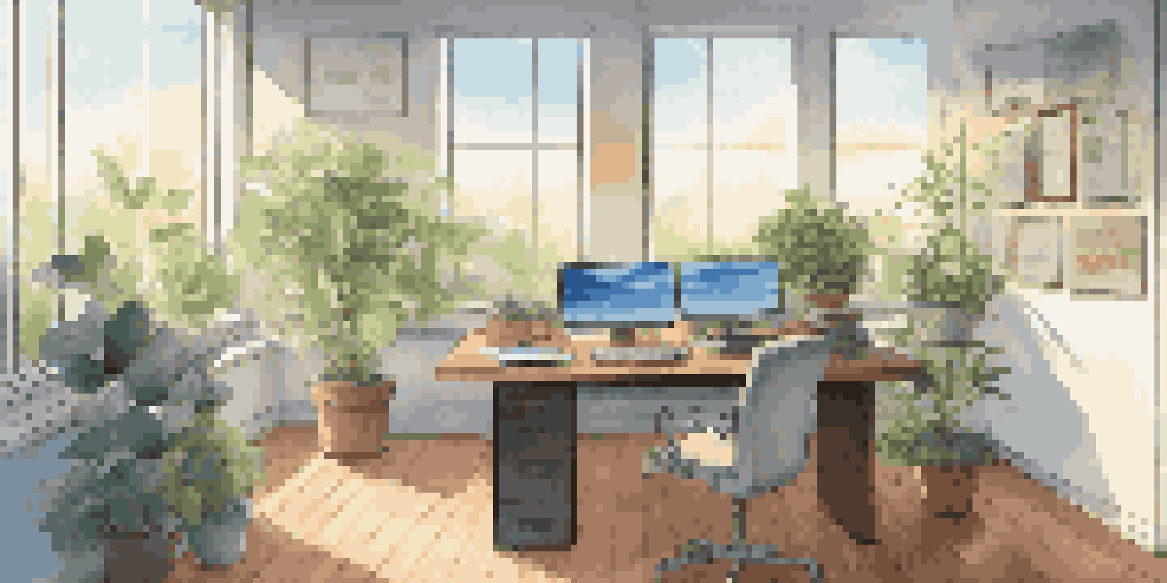 A modern office desk with a computer showing cloud governance documents, surrounded by plants and bathed in natural light.