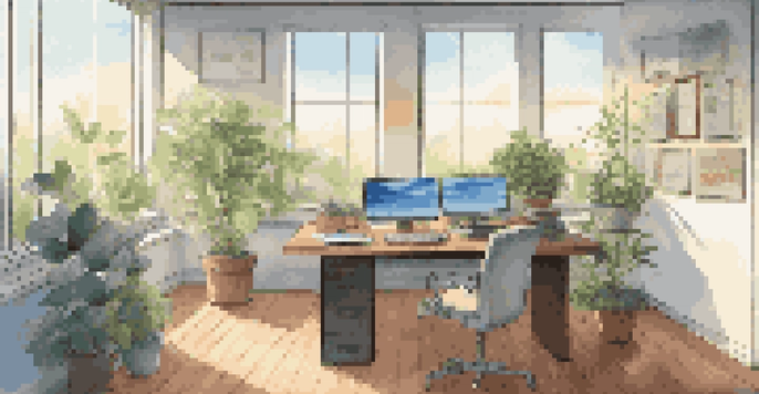 A modern office desk with a computer showing cloud governance documents, surrounded by plants and bathed in natural light.