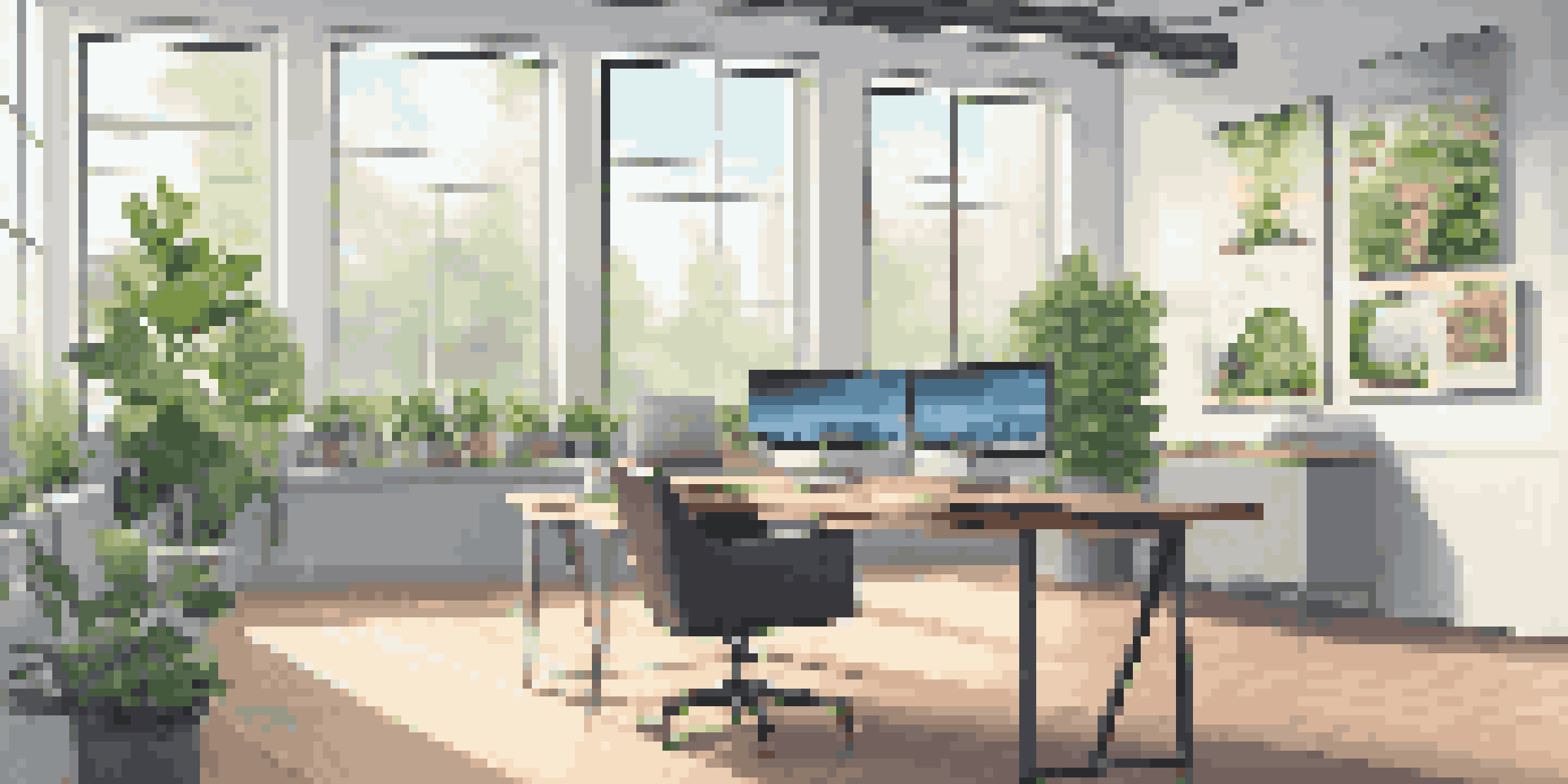 A bright modern office with a laptop displaying a CRM dashboard, surrounded by plants and motivational quotes.