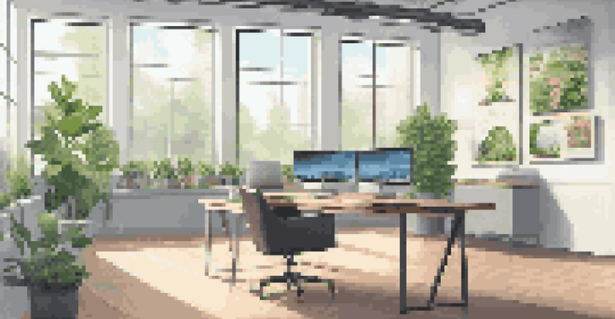 A bright modern office with a laptop displaying a CRM dashboard, surrounded by plants and motivational quotes.