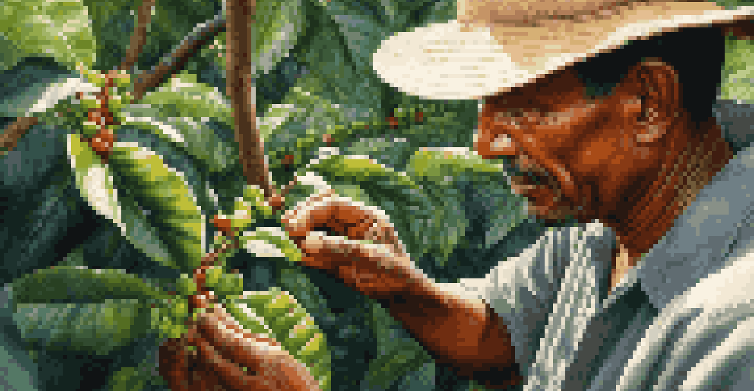 A farmer inspecting coffee beans in a lush green plantation under sunlight.