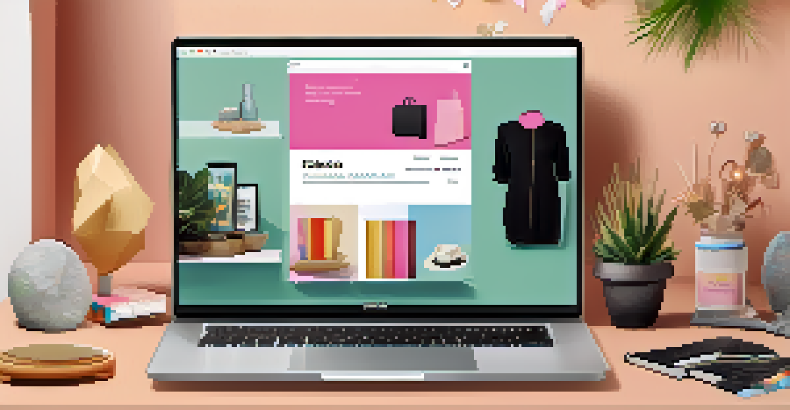 A cozy workspace with a laptop showing an online store, surrounded by fashionable items and home decor, illuminated by natural light.