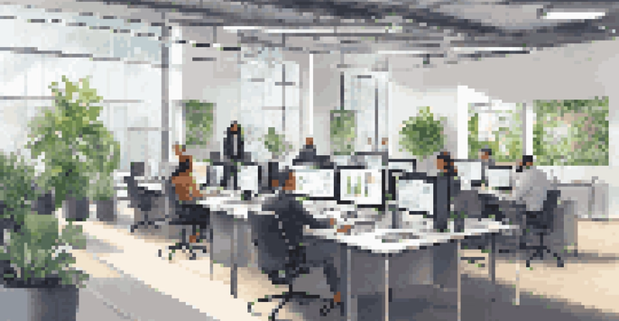 A diverse group of professionals in a modern office collaborating on data governance strategies, with laptops and documents on a large table, and bright natural light coming in through the windows.