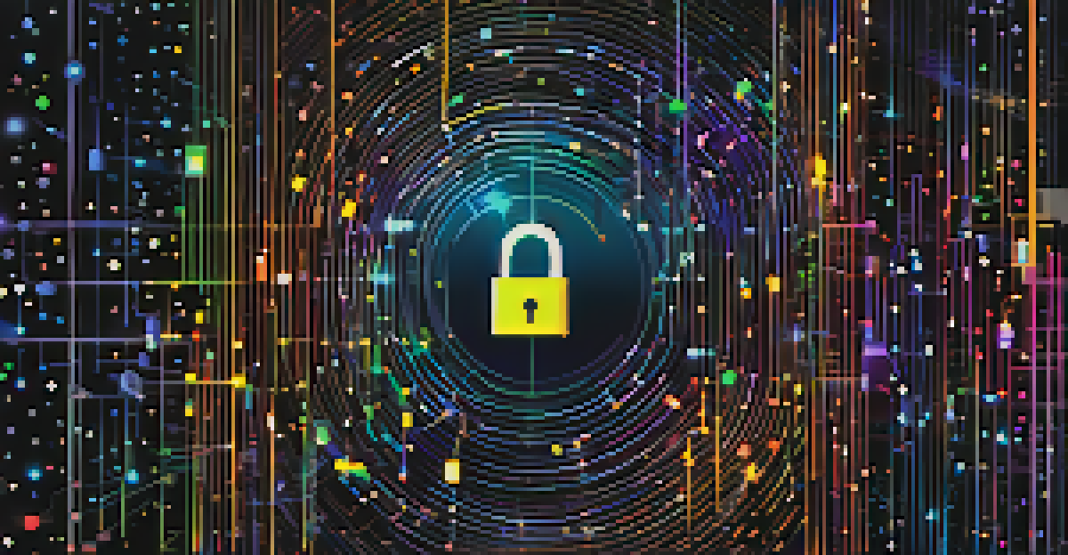 An abstract image of data encryption with a digital lock and glowing data streams against a starry background.