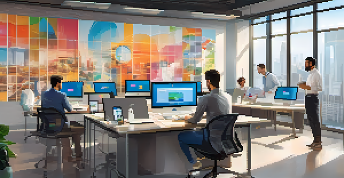 A diverse group of employees in a bright office brainstorming with multilingual chatbots displayed on screens.