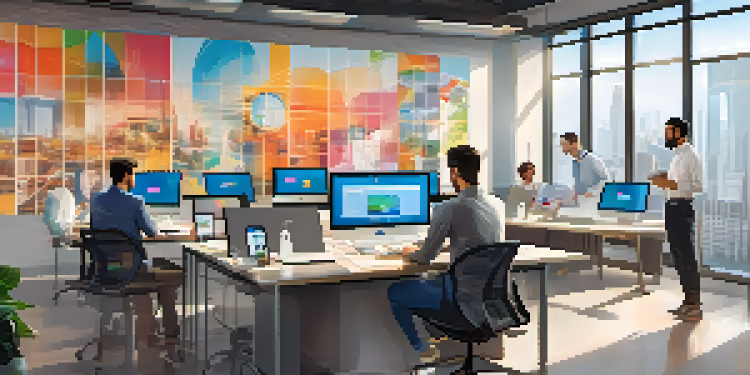 A diverse group of employees in a bright office brainstorming with multilingual chatbots displayed on screens.