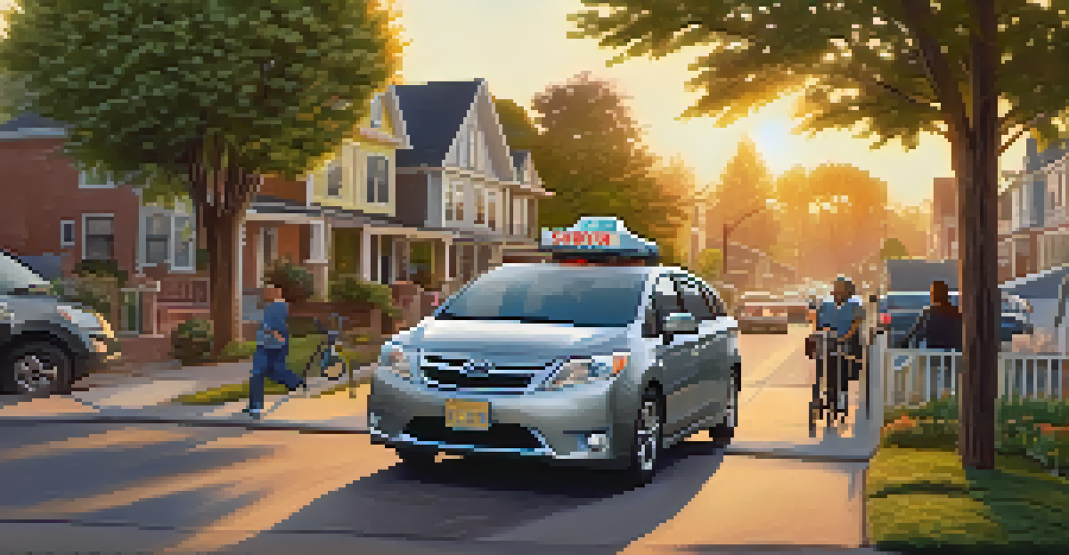 A volunteer driver helping an elderly person and a person with a disability into a ride-sharing vehicle, set in a welcoming neighborhood during golden hour.