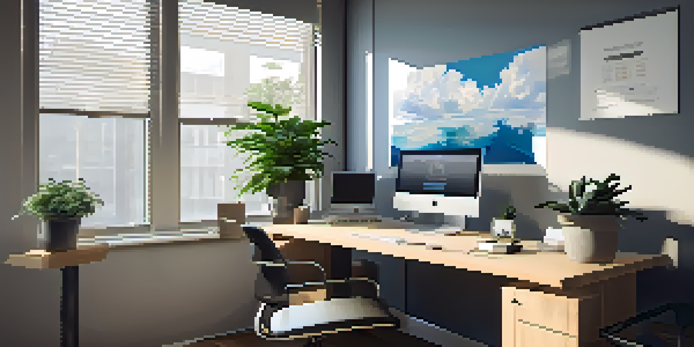 A modern office workstation with a computer showing a cloud data integrity dashboard, soft natural light coming through the window.