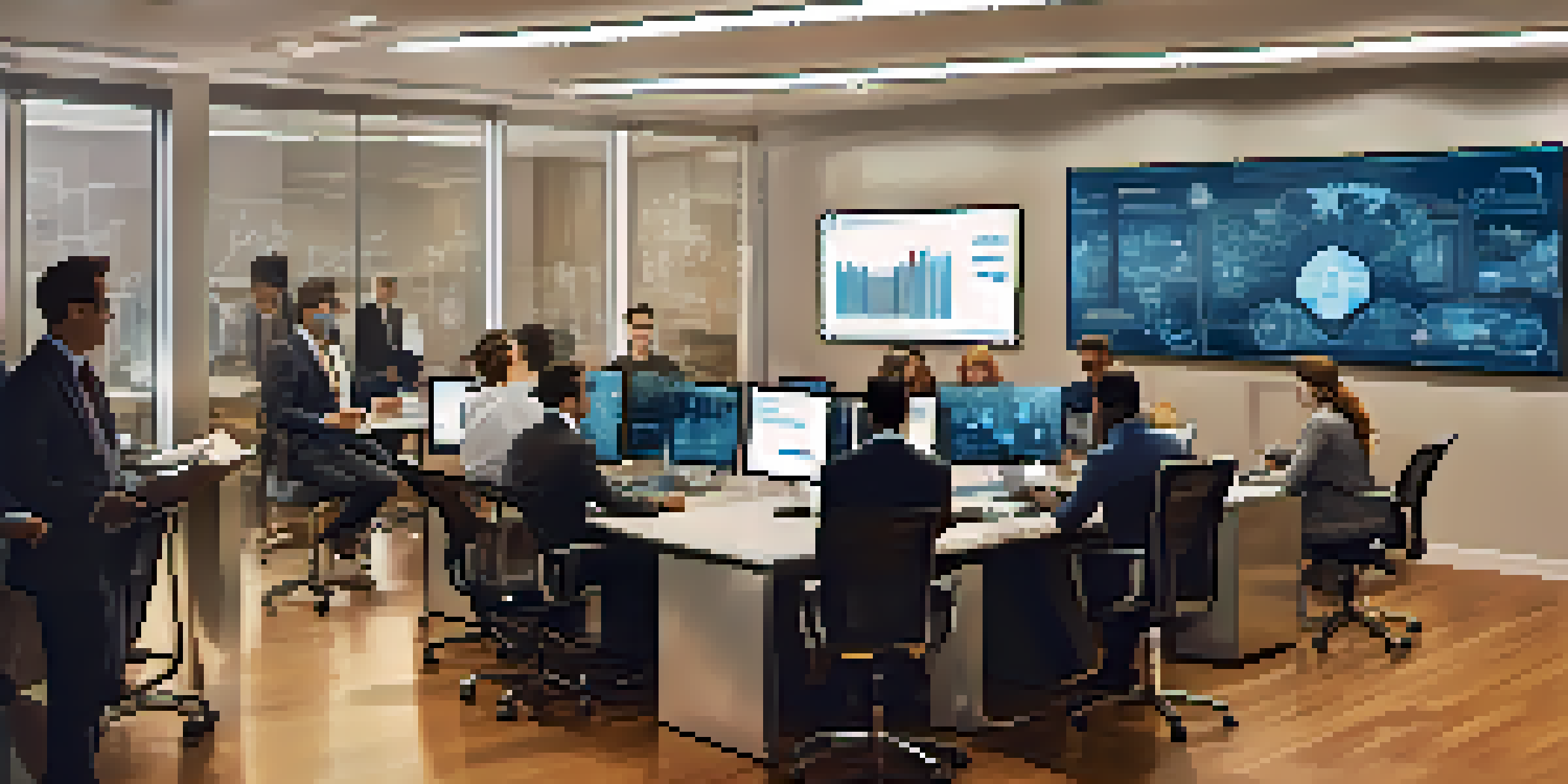 A group of diverse professionals in a modern office discussing cybersecurity with technology and data displayed around them.