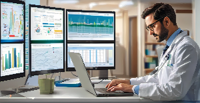 A healthcare professional working on a laptop in a bright clinic, surrounded by medical books and displaying graphs on the screen.