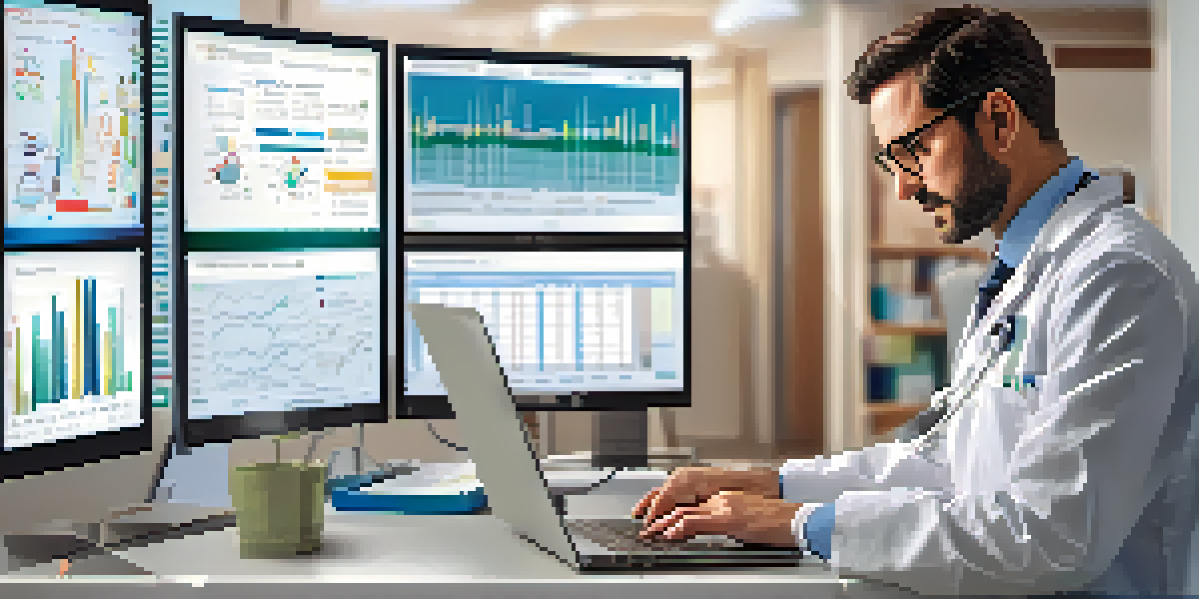 A healthcare professional working on a laptop in a bright clinic, surrounded by medical books and displaying graphs on the screen.