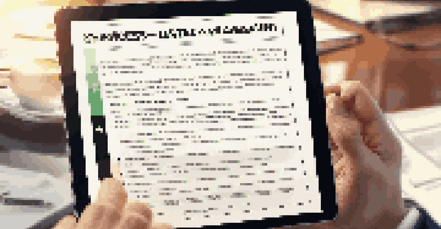 A close-up of a digital tablet showing a service level agreement document, with a hand pointing to highlighted clauses in a warm office setting.
