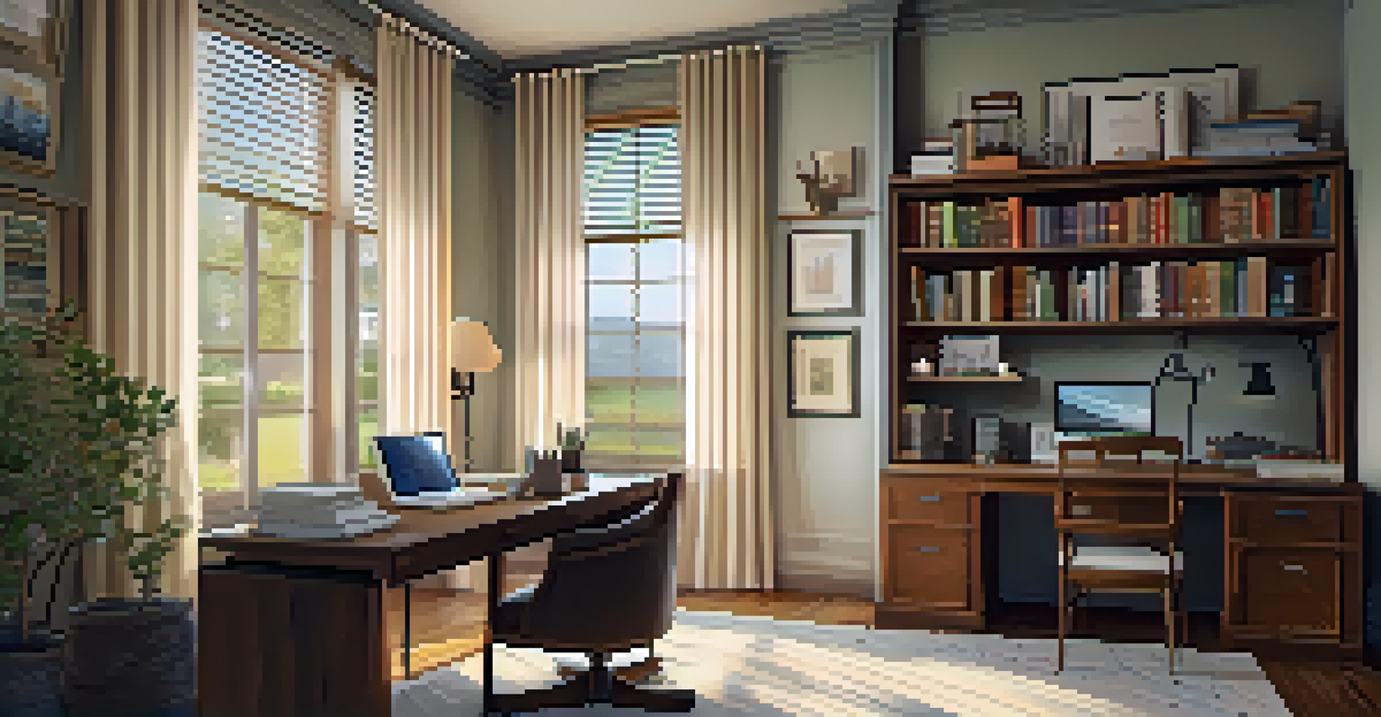 A bright and tidy home office with a laptop, tea, and books, creating a warm workspace atmosphere.