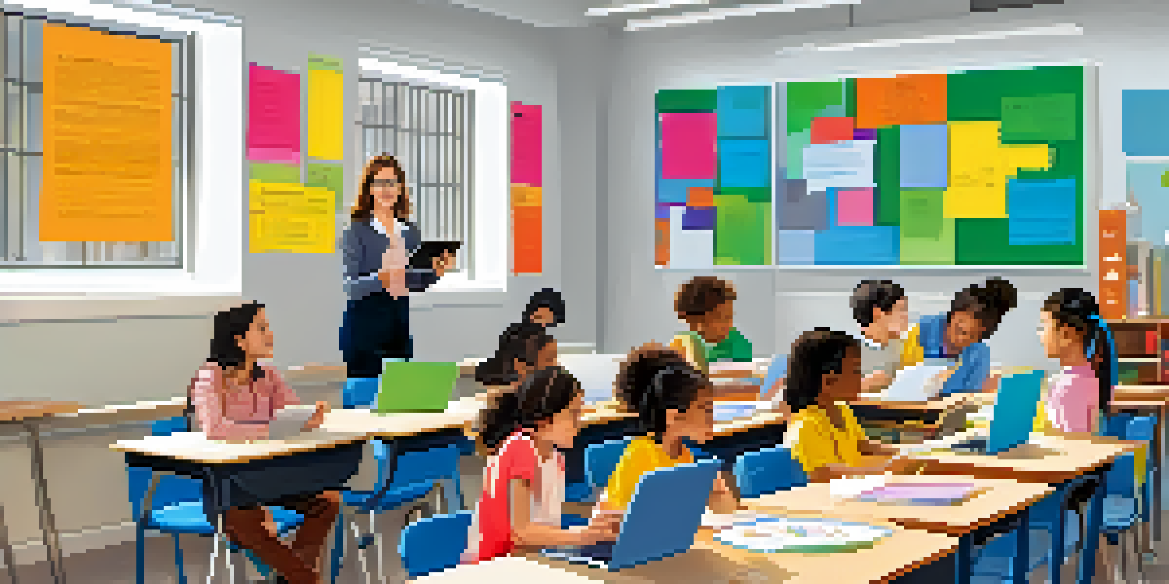 A teacher in a modern classroom using a digital tablet while students engage with laptops and tablets in a bright, colorful environment.