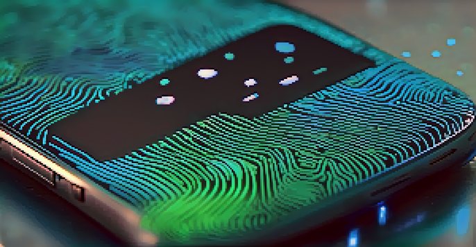 A detailed view of a biometric fingerprint scanner on a smartphone with soft lighting and a blurred city background.