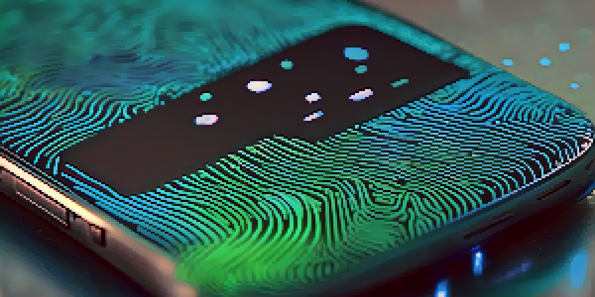 A detailed view of a biometric fingerprint scanner on a smartphone with soft lighting and a blurred city background.