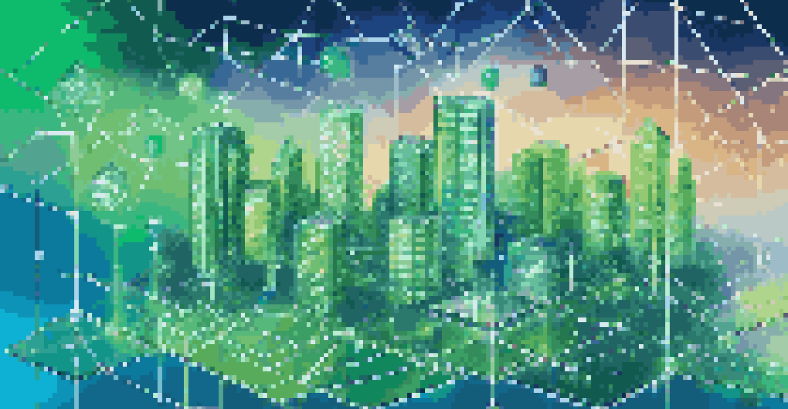 An artistic visualization of blockchain technology connecting different real estate properties.