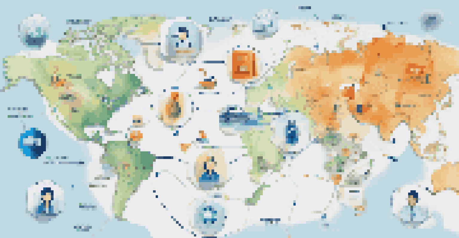 An infographic illustrating the key features of a travel chatbot, including icons and visuals on a world map background.