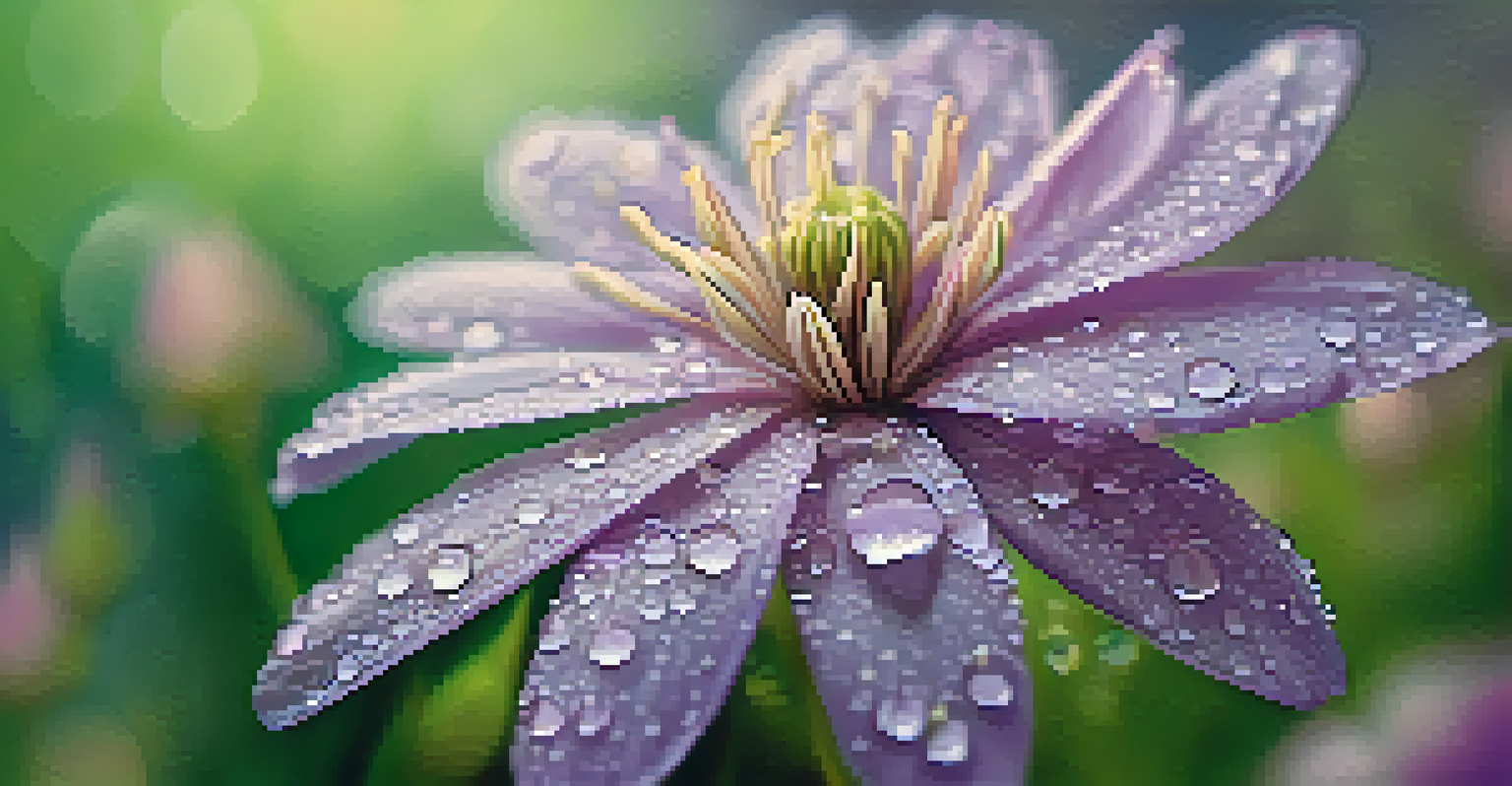 A close-up of a blooming flower with lavender and pink petals, adorned with dew drops and a blurred green background.