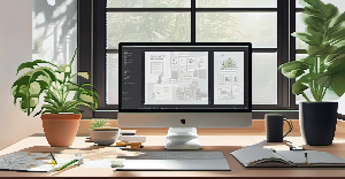 A cozy workspace featuring a wooden desk with a laptop, houseplants, and inspirational posters, illuminated by soft natural light from a window.