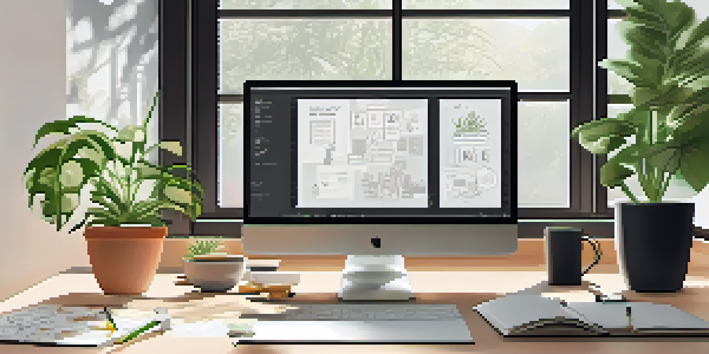 A cozy workspace featuring a wooden desk with a laptop, houseplants, and inspirational posters, illuminated by soft natural light from a window.