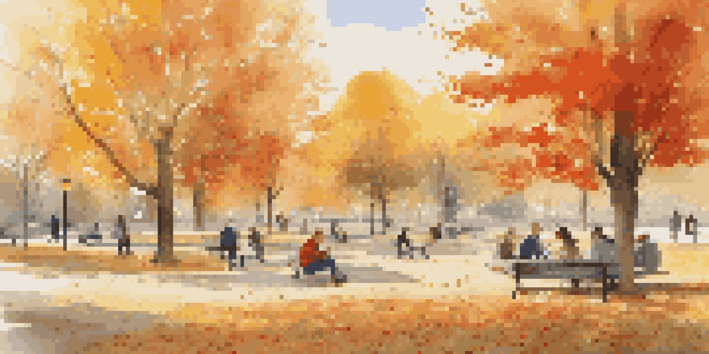 A peaceful autumn park with diverse people jogging, reading, and picnicking under colorful trees.
