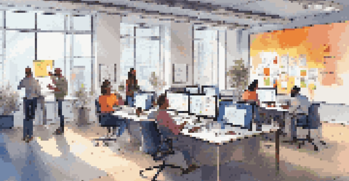 A diverse group of professionals collaborating in a bright office space, surrounded by laptops and sticky notes while brainstorming on a whiteboard.