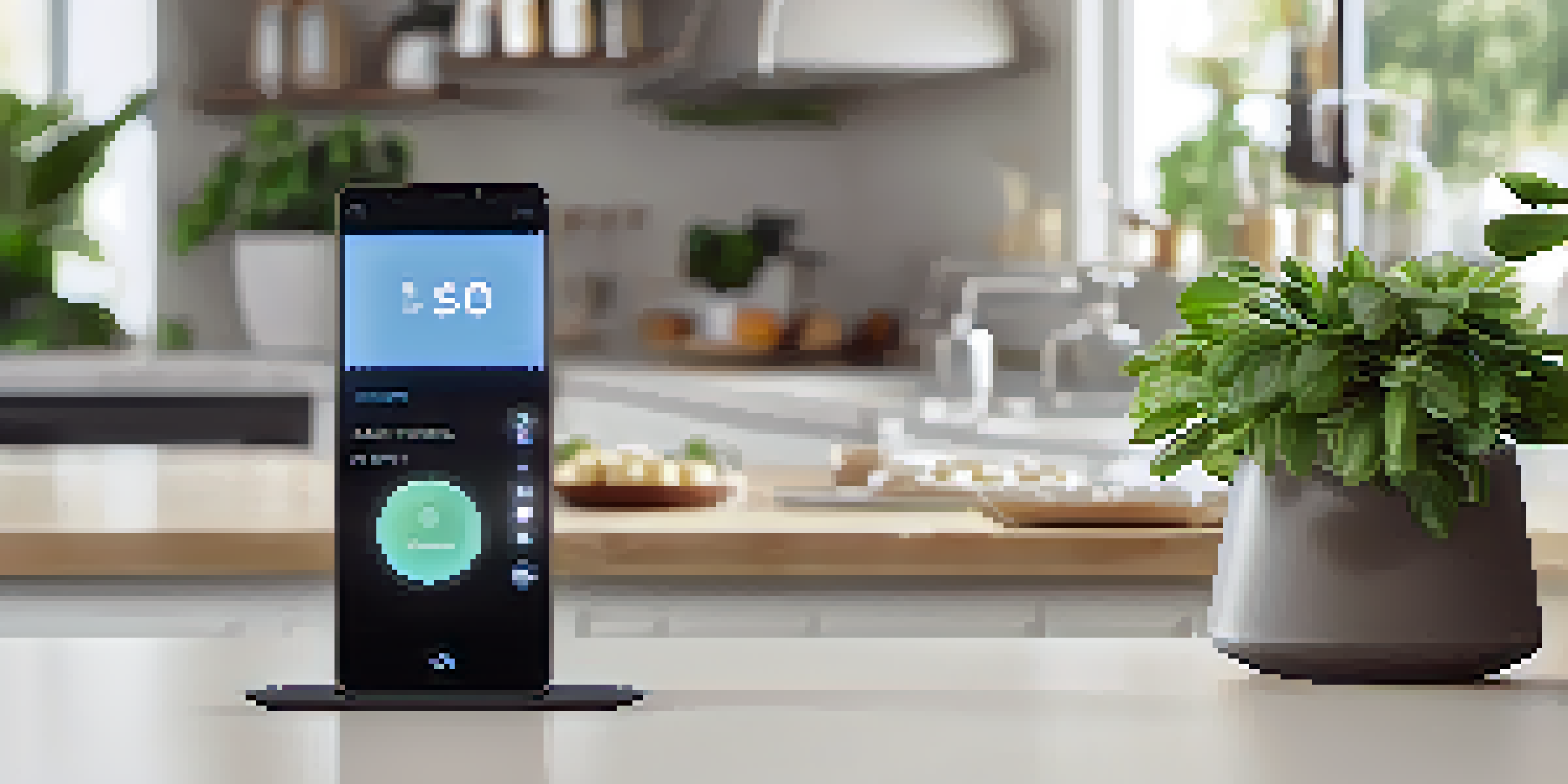 A modern smart home device on a kitchen countertop with soft lighting, surrounded by plants.