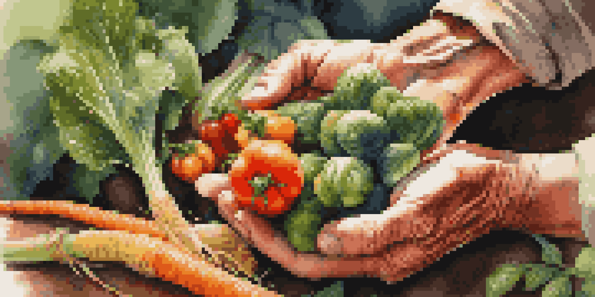 A farmer's hands holding colorful freshly harvested vegetables, with sunlight shining through leaves in the background.