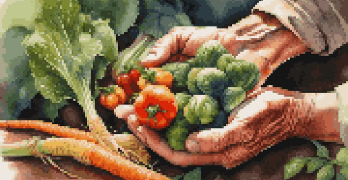 A farmer's hands holding colorful freshly harvested vegetables, with sunlight shining through leaves in the background.