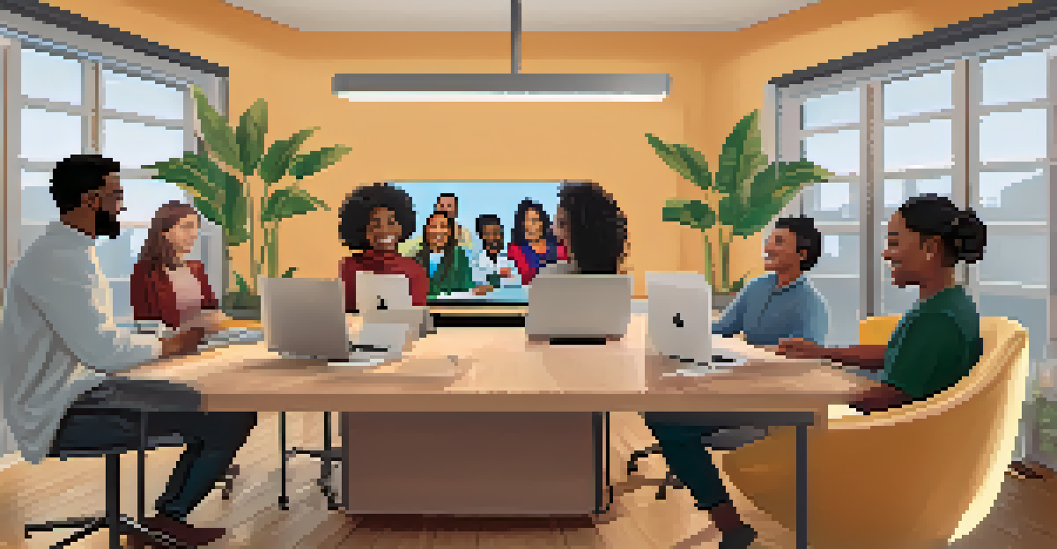 Diverse team members on a video call, each in their own home office, smiling and engaged.