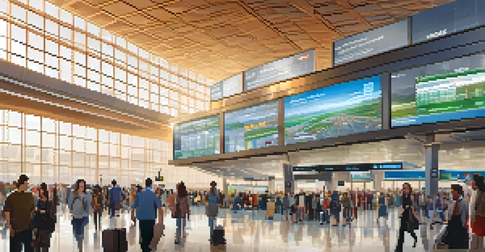 An airport terminal with a digital display board indicating flight destinations, representing an API gateway managing requests.