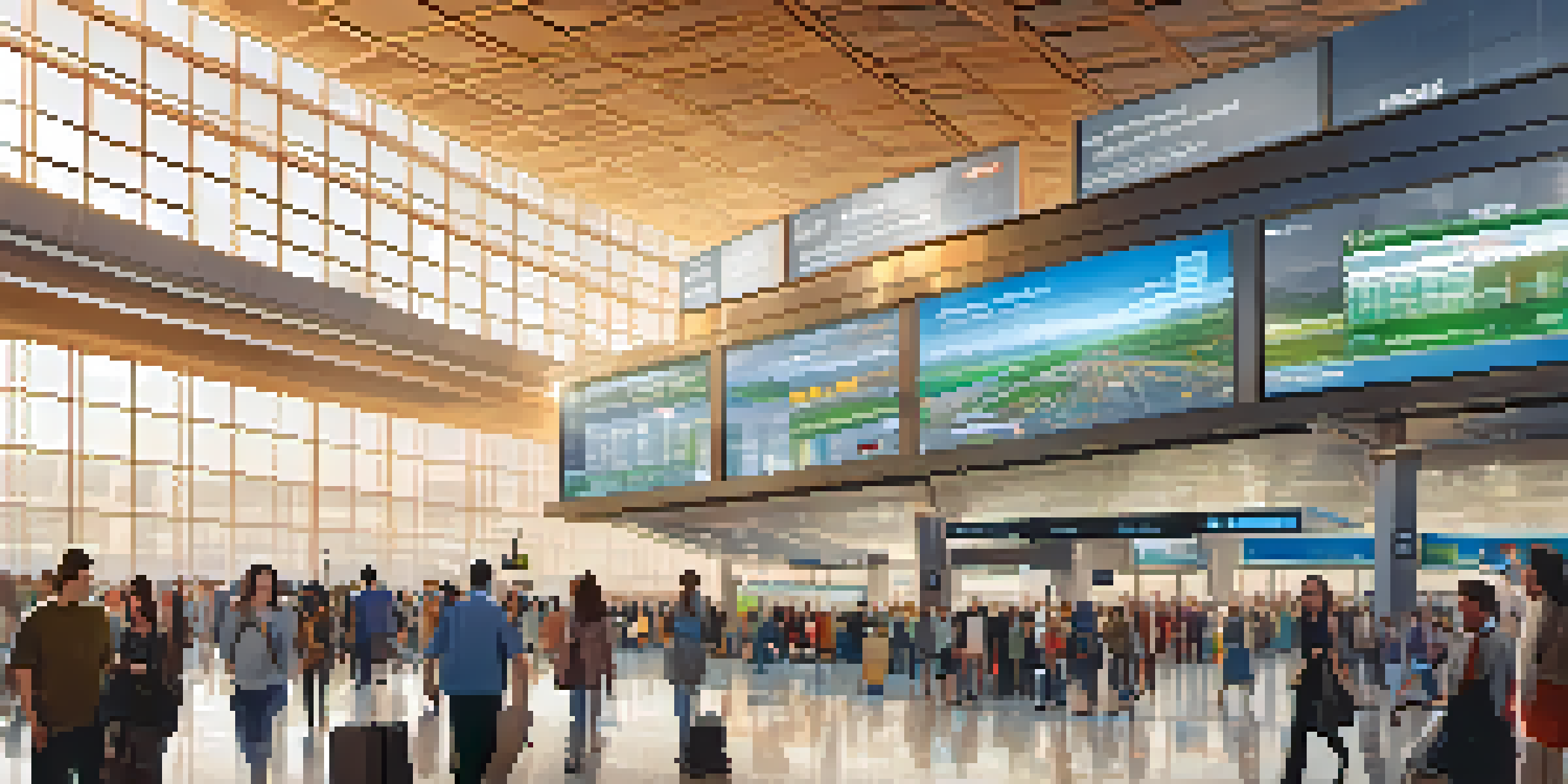 An airport terminal with a digital display board indicating flight destinations, representing an API gateway managing requests.
