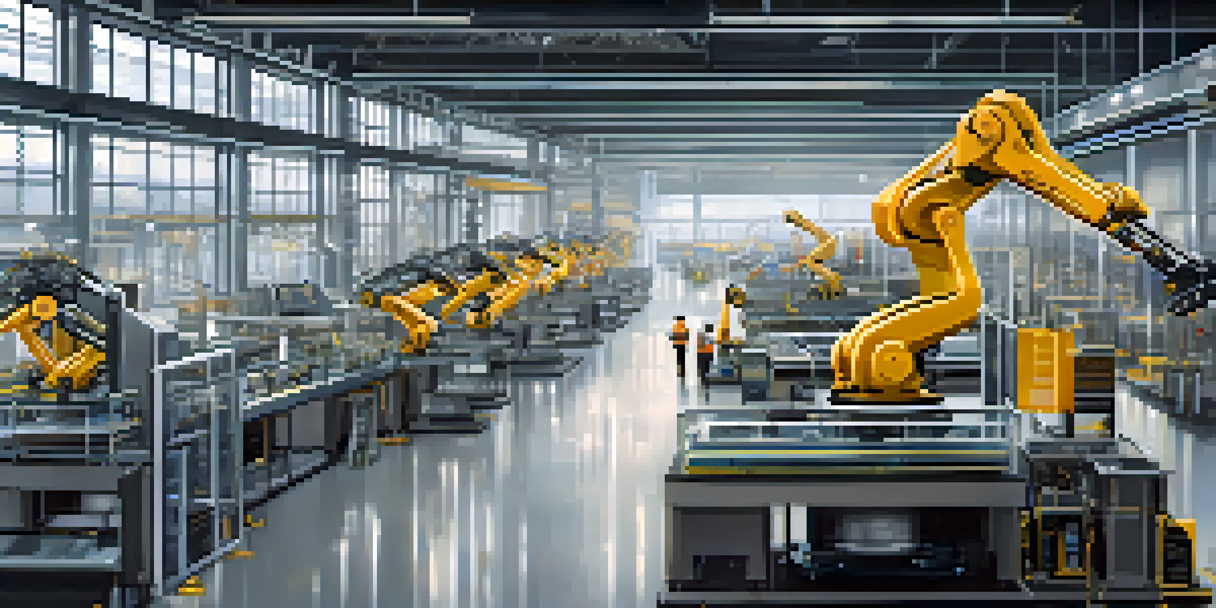 An industrial smart factory with machines and robotic arms operating on an assembly line, illuminated by natural light from large windows.