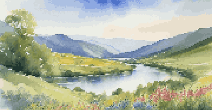 A beautiful landscape with a winding river, green valley, and mountains under a clear blue sky.