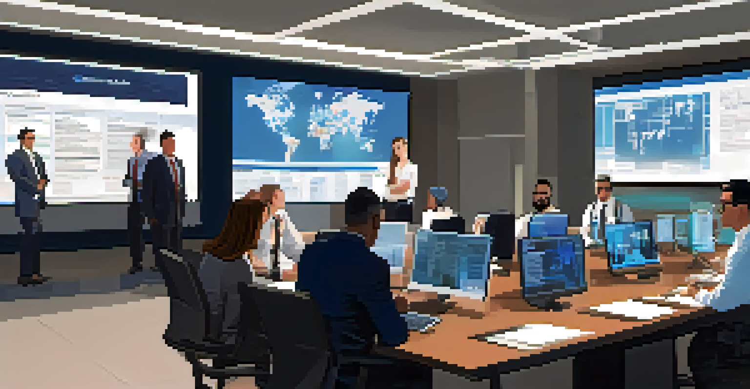 A collaborative meeting among law enforcement and cybersecurity professionals discussing cybercrime.