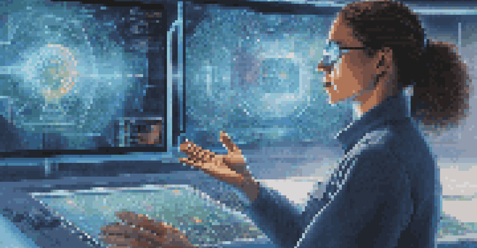 A close-up image of a researcher working with a quantum computer, showcasing hands manipulating a holographic interface in a high-tech lab.
